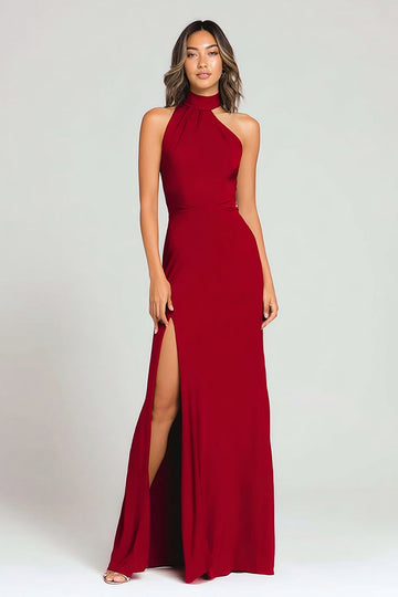 Robe longue formelle en crêpe bordeaux avec fente